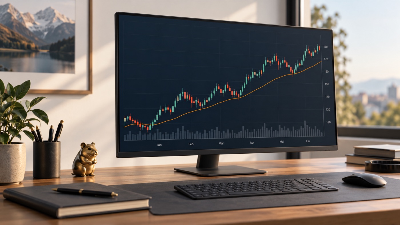 Übersichtlicher Candlestick-Chart mit Volumen und gleitendem Durchschnitt für ein klares TradingView-Setup