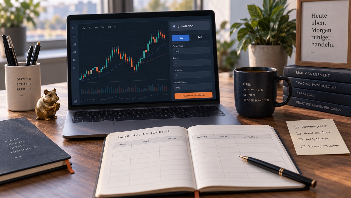 Paper-Trading-Arbeitsplatz mit simuliertem Orderfenster, Chart und Trading-Journal