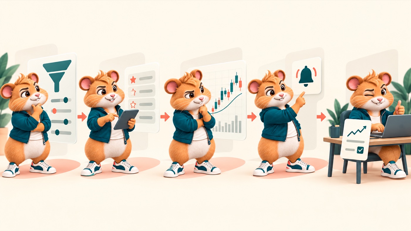 Trendaktienhamster zeigt den Ablauf vom Screener über Watchlist und Chart bis zum Paper Trading