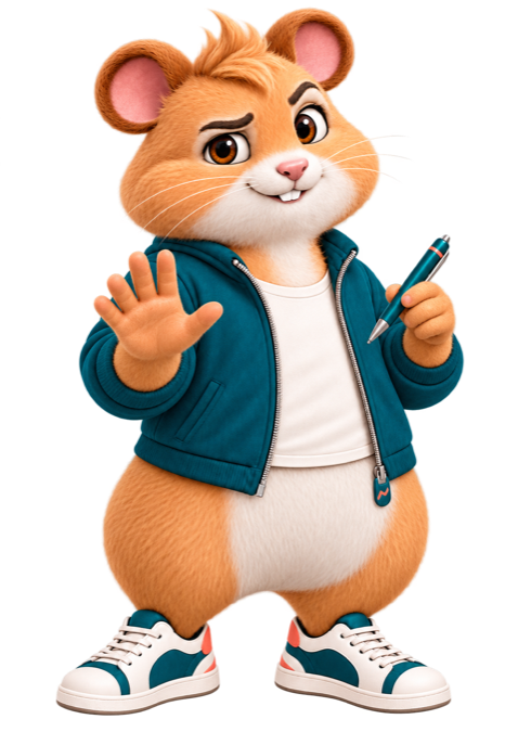 Trendaktienhamster V6 mit ruhiger Faktencheck-Geste und Erklärstift