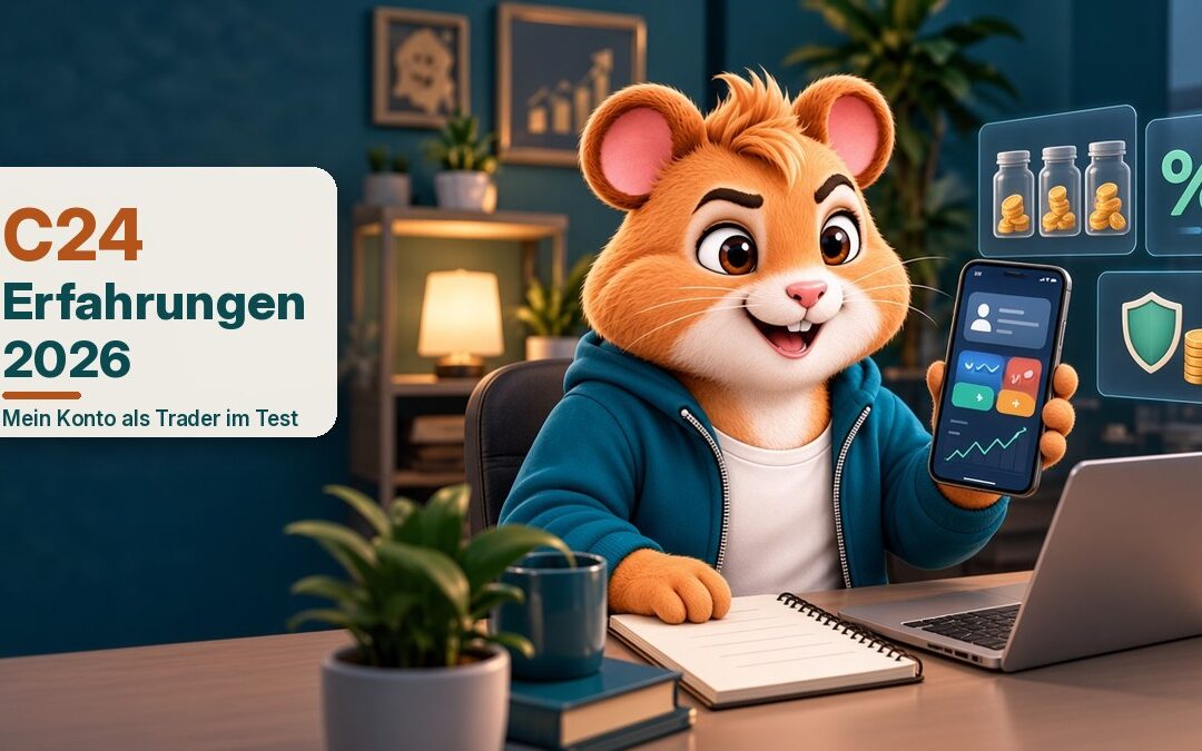 C24 Erfahrungen 2026: Der Trendaktienhamster im türkisen Hoodie zeigt am Schreibtisch fröhlich eine Banking App auf dem Smartphone, daneben schwebende Glaspanels mit Spargläsern voller Münzen, Prozentzeichen und Schutzschild
