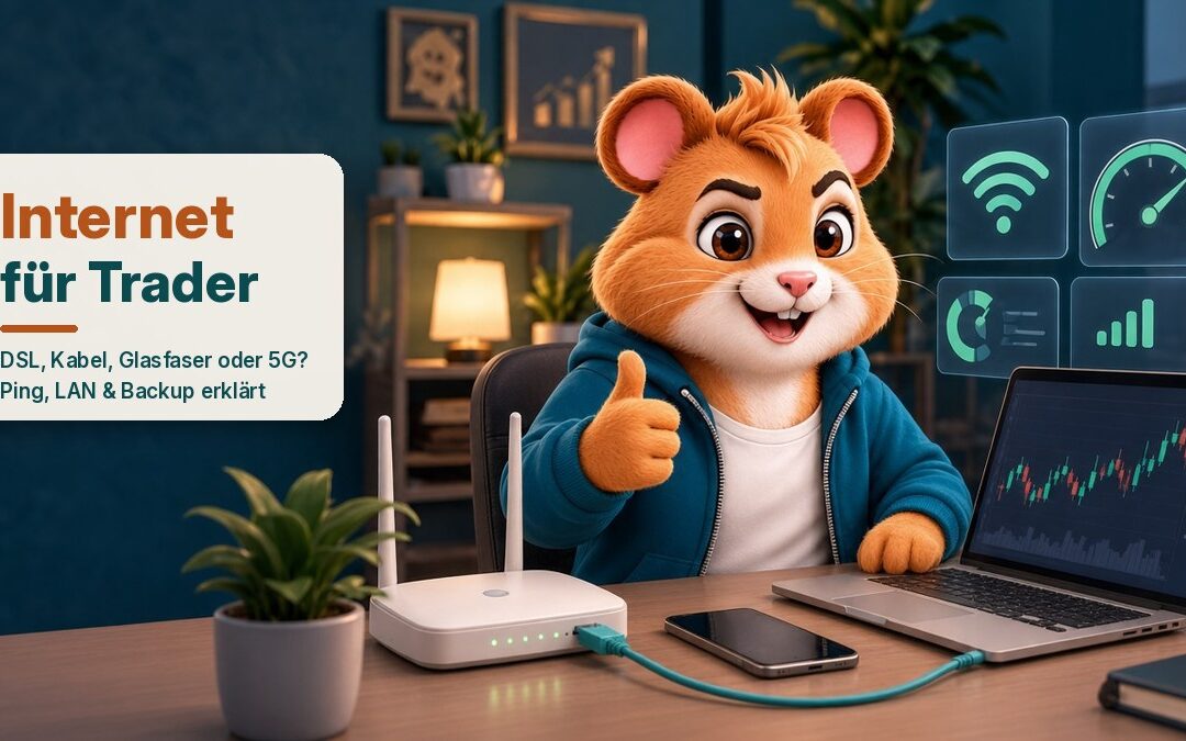 Der Trendaktienhamster im türkisen Hoodie sitzt am Trading-Schreibtisch und zeigt den Daumen hoch, vor ihm ein WLAN-Router mit LAN-Kabel zum Laptop mit Kerzenchart, daneben schwebende Glaspanels mit WLAN-Symbol, Ping-Tacho und Signalbalken