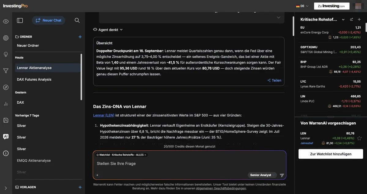 WarrenAI KI-Assistent von InvestingPro beantwortet eine Aktienanalyse auf Deutsch