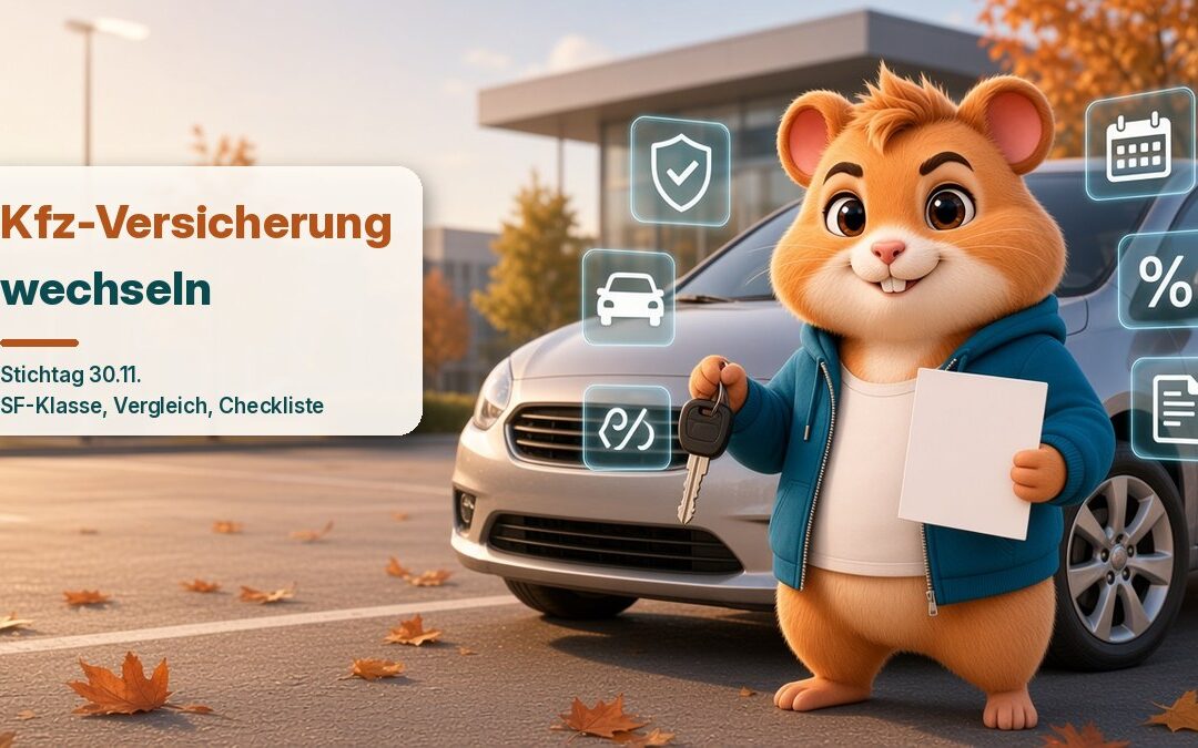 Der Trendaktienhamster im türkisen Hoodie steht mit Autoschlüssel und Dokument vor einem Auto auf einem herbstlichen Parkplatz, schwebende Symbole für Schutz, Auto, Kalender, Prozent und Vertrag