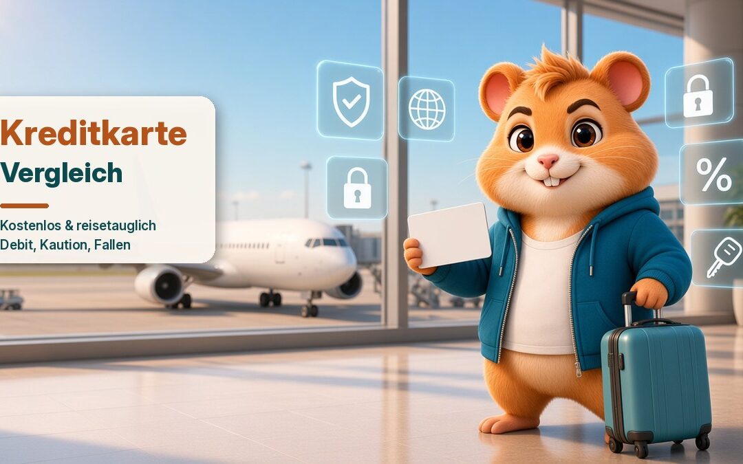 Der Trendaktienhamster im türkisen Hoodie steht mit Koffer im Flughafenterminal und hält eine Kreditkarte hoch, im Hintergrund ein Flugzeug, schwebende Symbole für Sicherheit, Weltkugel, Schloss, Prozent und Autoschlüssel