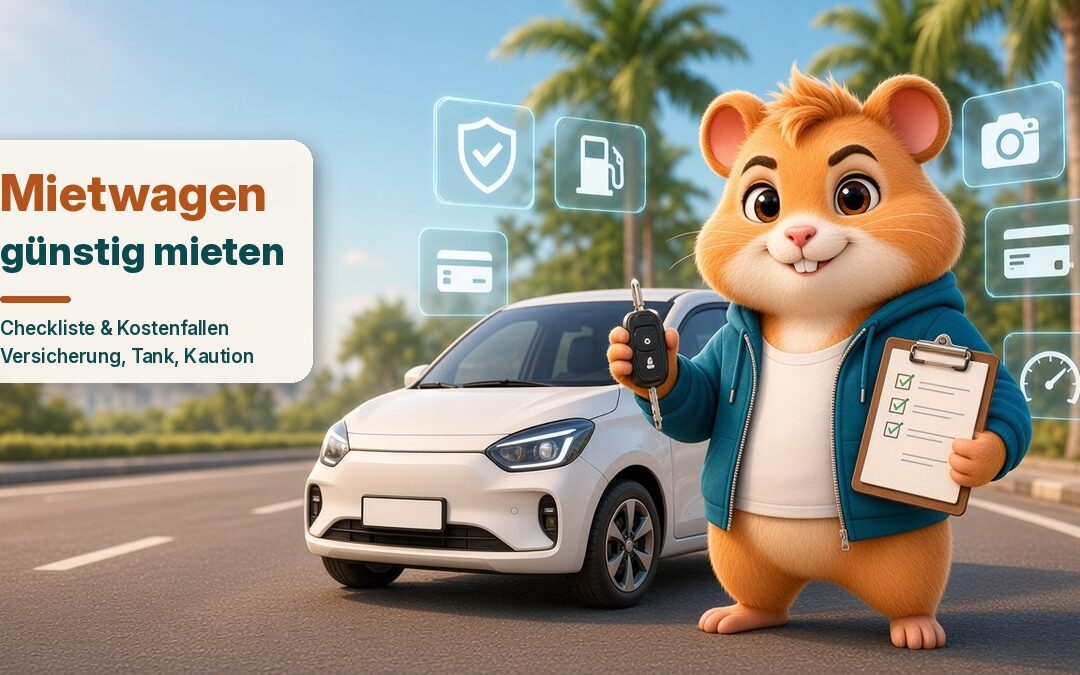 Der Trendaktienhamster im türkisen Hoodie steht neben einem weißen Mietwagen an einer Palmenstraße, hält Autoschlüssel und Checkliste, schwebende Symbole für Versicherung, Tankstelle, Kreditkarte, Kamera und Tacho