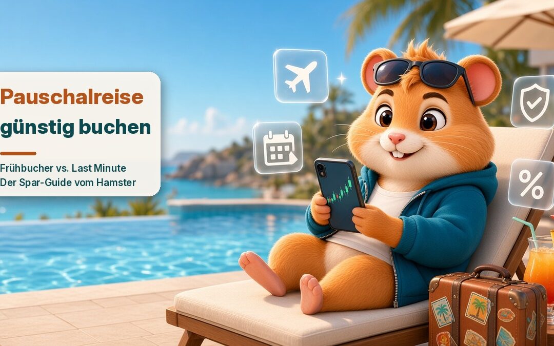 Der Trendaktienhamster im türkisen Hoodie liegt entspannt auf einer Sonnenliege am Hotelpool am Meer, schaut auf ein Smartphone mit steigendem Kerzenchart, daneben Koffer und Cocktail, schwebende Symbole für Flugzeug, Kalender, Schutzschild und Prozent